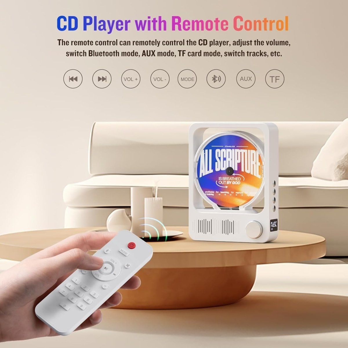 Desktop CD Player Bluetooth 5.3 HiFi Speakers LED Remote White - Kwikley