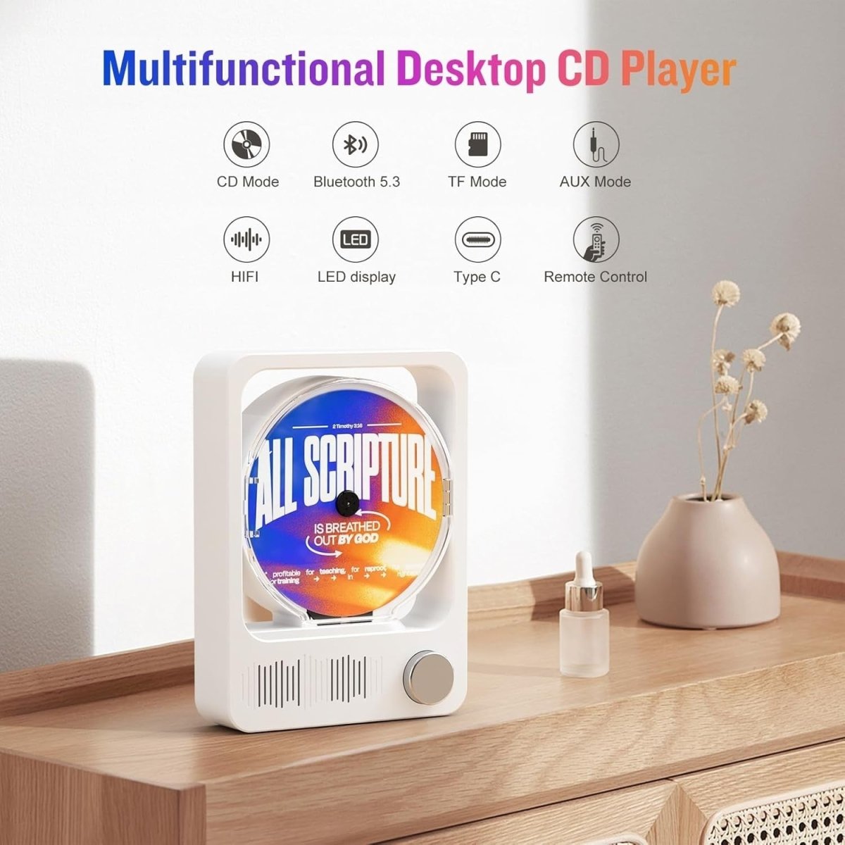 Desktop CD Player Bluetooth 5.3 HiFi Speakers LED Remote White - Kwikley