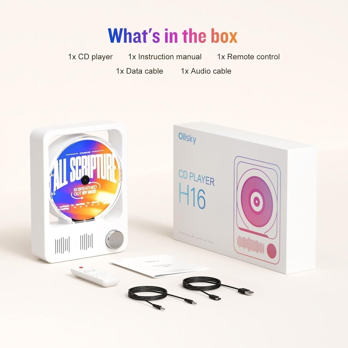 Desktop CD Player Bluetooth 5.3 HiFi Speakers LED Remote White - Kwikley