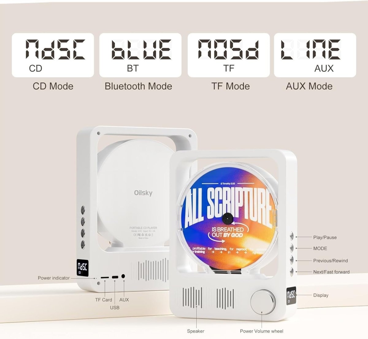 Desktop CD Player Bluetooth 5.3 HiFi Speakers LED Remote White - Kwikley