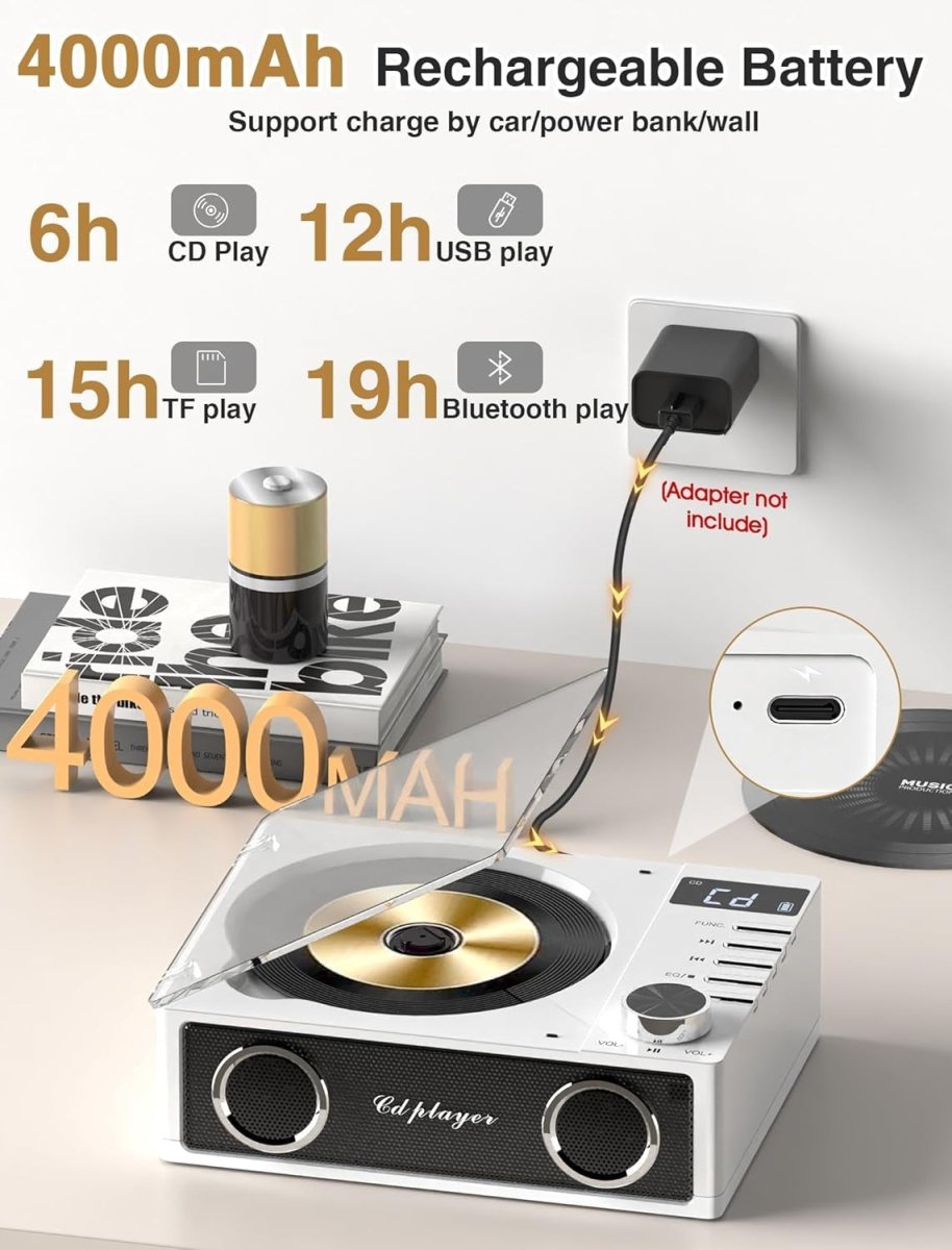 Desktop CD Player Bluetooth Rechargeable Speakers USB TF AUX LCD Remote - Kwikley