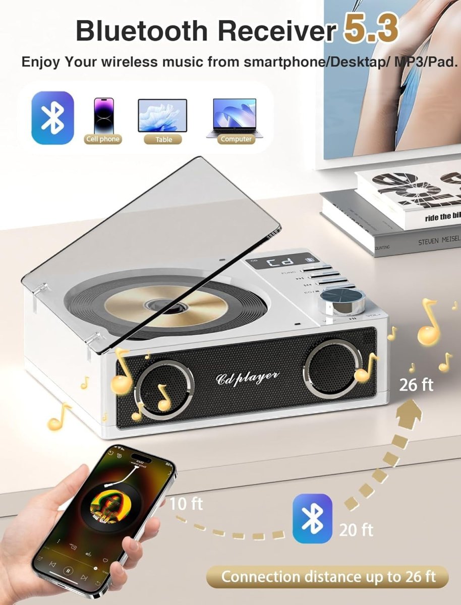 Desktop CD Player Bluetooth Rechargeable Speakers USB TF AUX LCD Remote - Kwikley