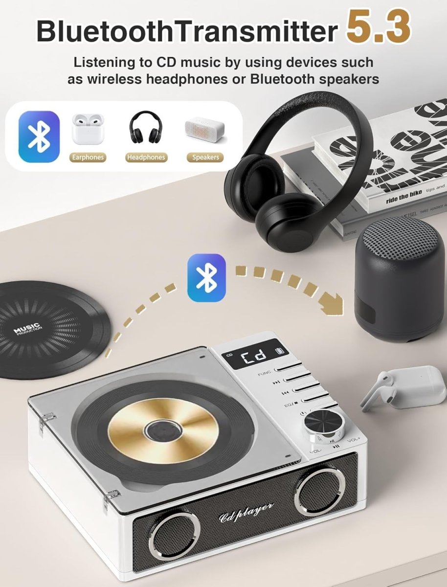 Desktop CD Player Bluetooth Rechargeable Speakers USB TF AUX LCD Remote - Kwikley