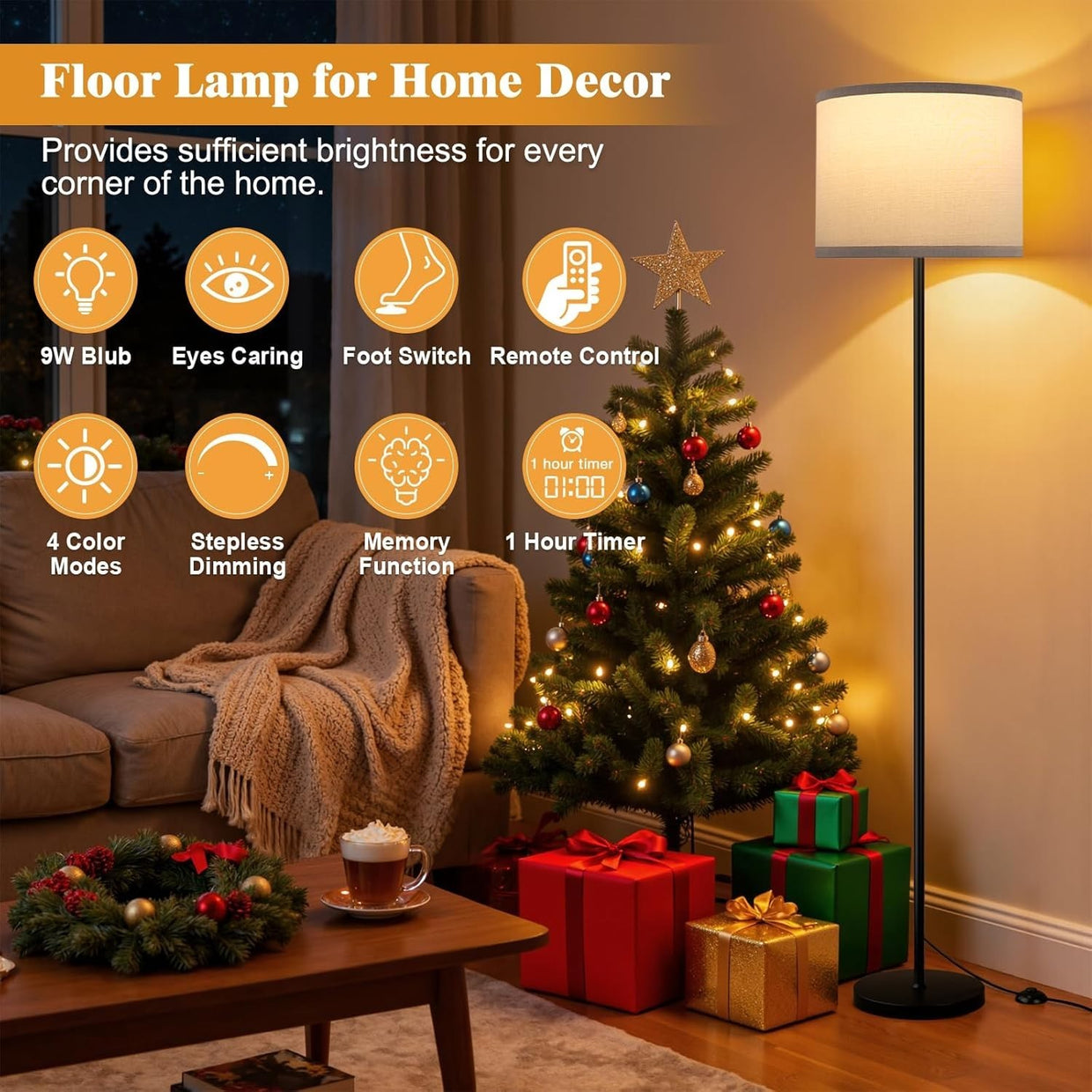 Dimmable Floor Lamp with Remote Grey Shade Black Pole 153cm with 9W Bulb - Kwikley
