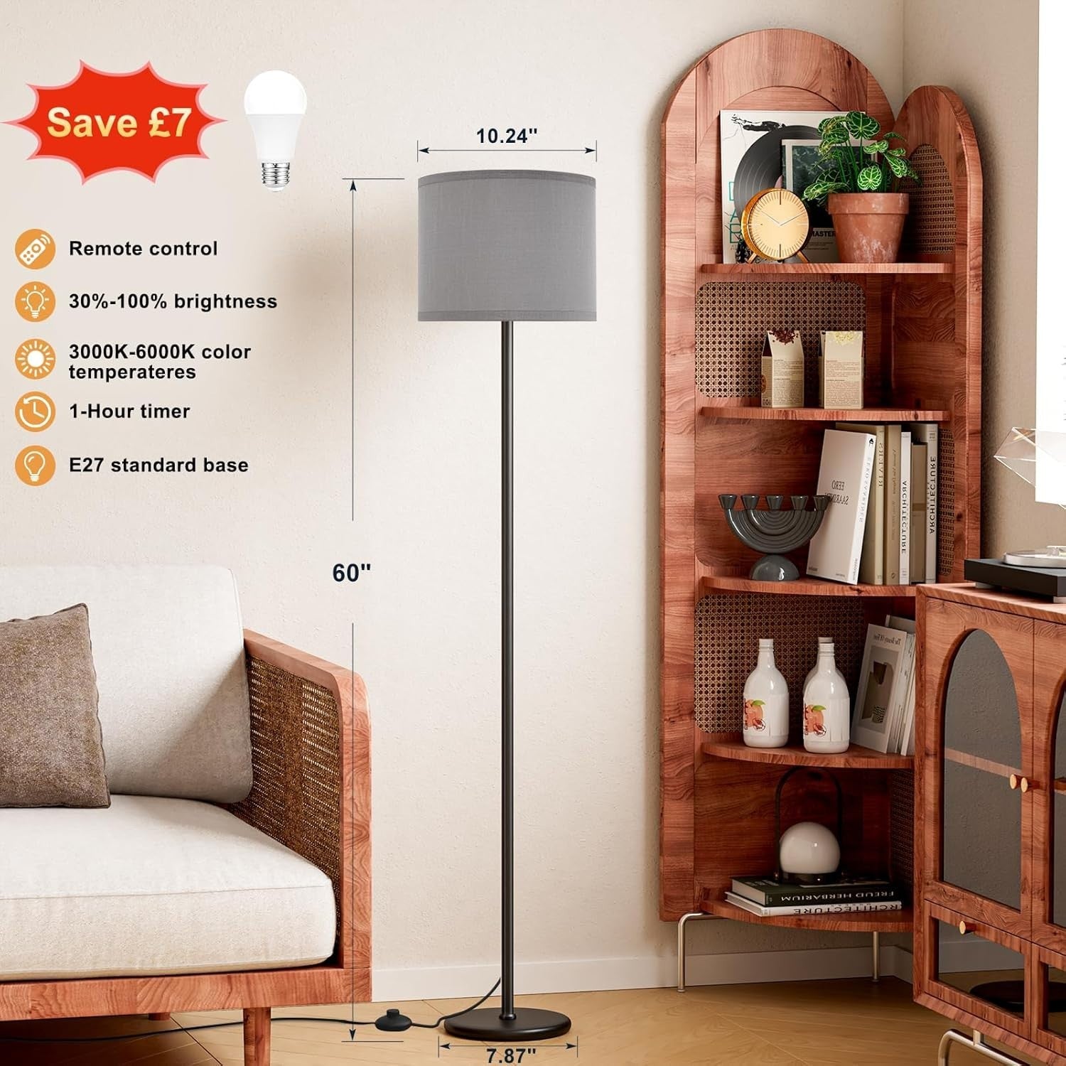 Dimmable Floor Lamp with Remote Grey Shade Black Pole 153cm with 9W Bulb - Kwikley