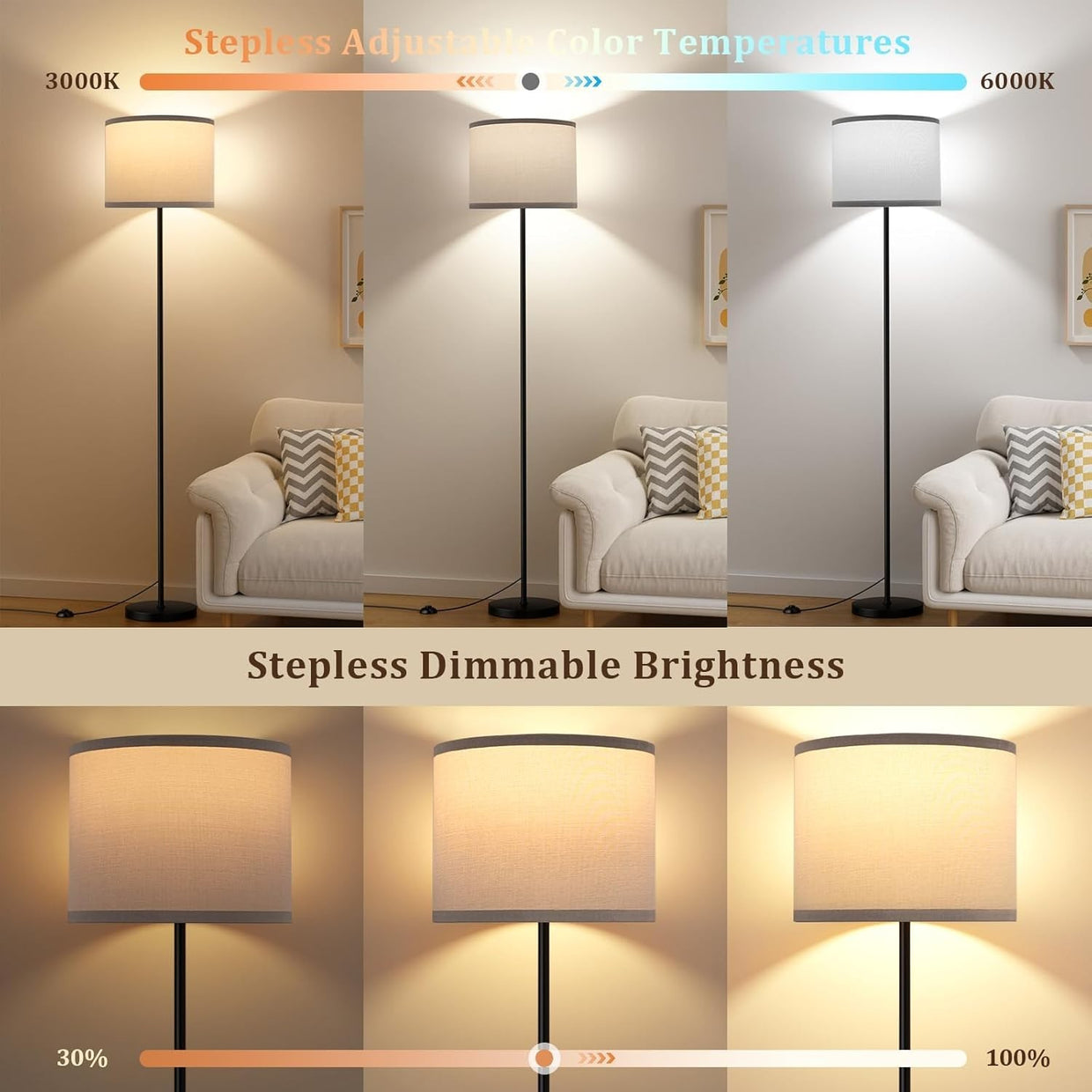 Dimmable Floor Lamp with Remote Grey Shade Black Pole 153cm with 9W Bulb - Kwikley