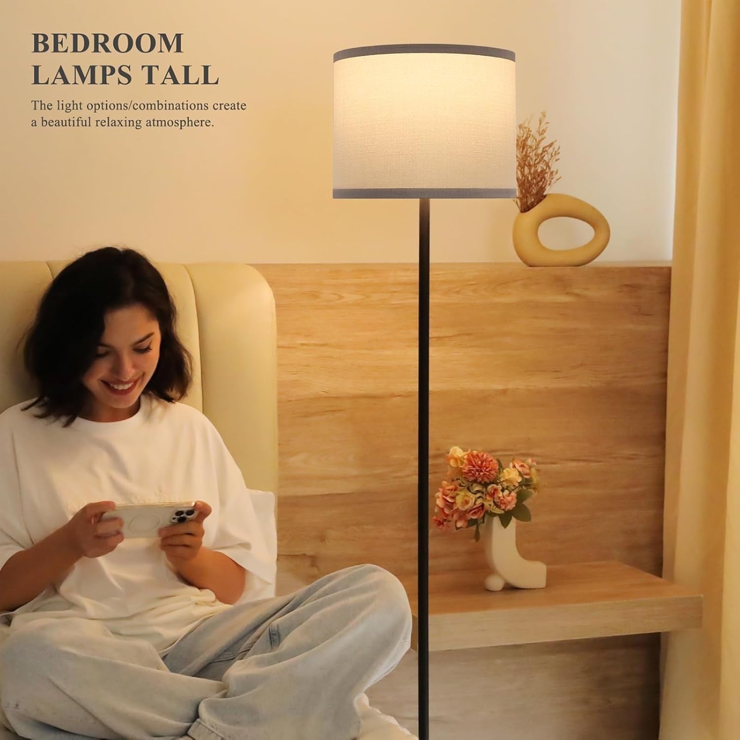 Dimmable Floor Lamp with Remote Grey Shade Black Pole 153cm with 9W Bulb - Kwikley