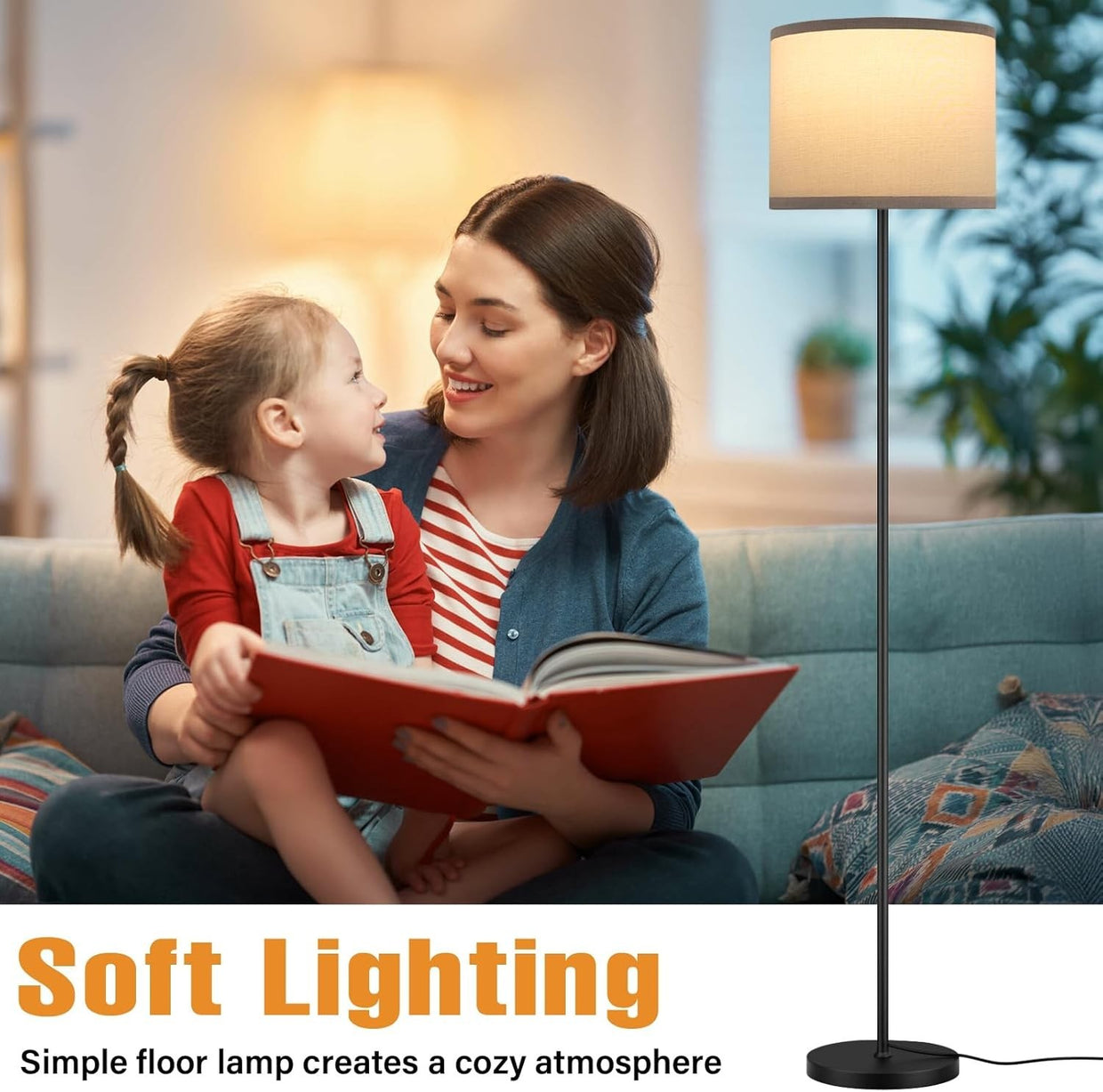 Dimmable Floor Lamp with Remote Grey Shade Black Pole 153cm with 9W Bulb - Kwikley