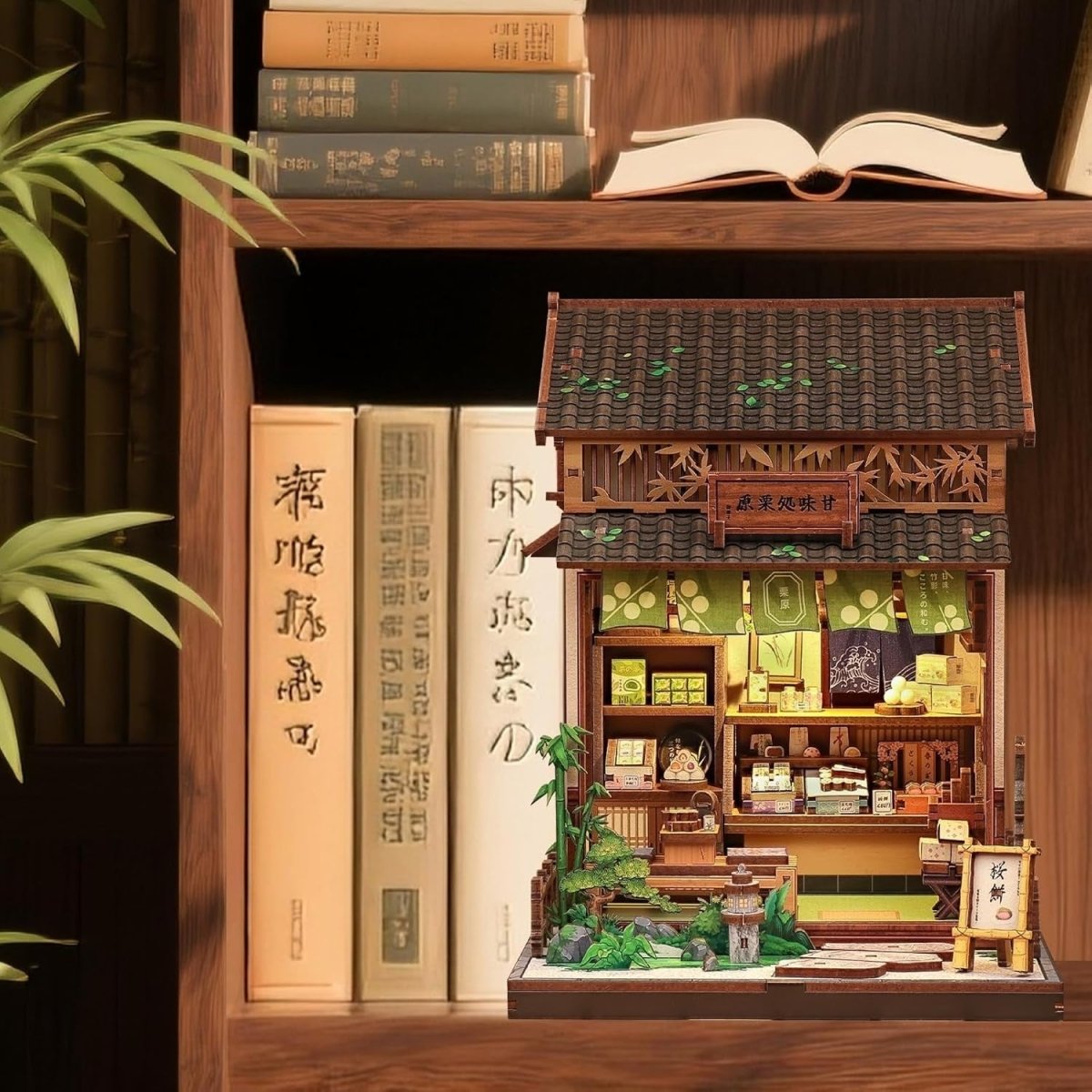 DIY Book Nook Japanese Sweet Shop Miniature Dollhouse LED Bookshelf - Kwikley