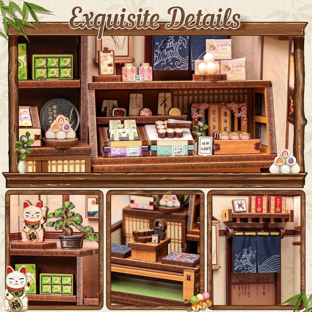 DIY Book Nook Japanese Sweet Shop Miniature Dollhouse LED Bookshelf - Kwikley