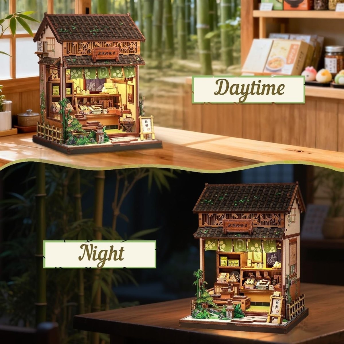 DIY Book Nook Japanese Sweet Shop Miniature Dollhouse LED Bookshelf - Kwikley