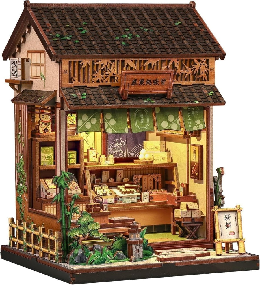 DIY Book Nook Japanese Sweet Shop Miniature Dollhouse LED Bookshelf - Kwikley