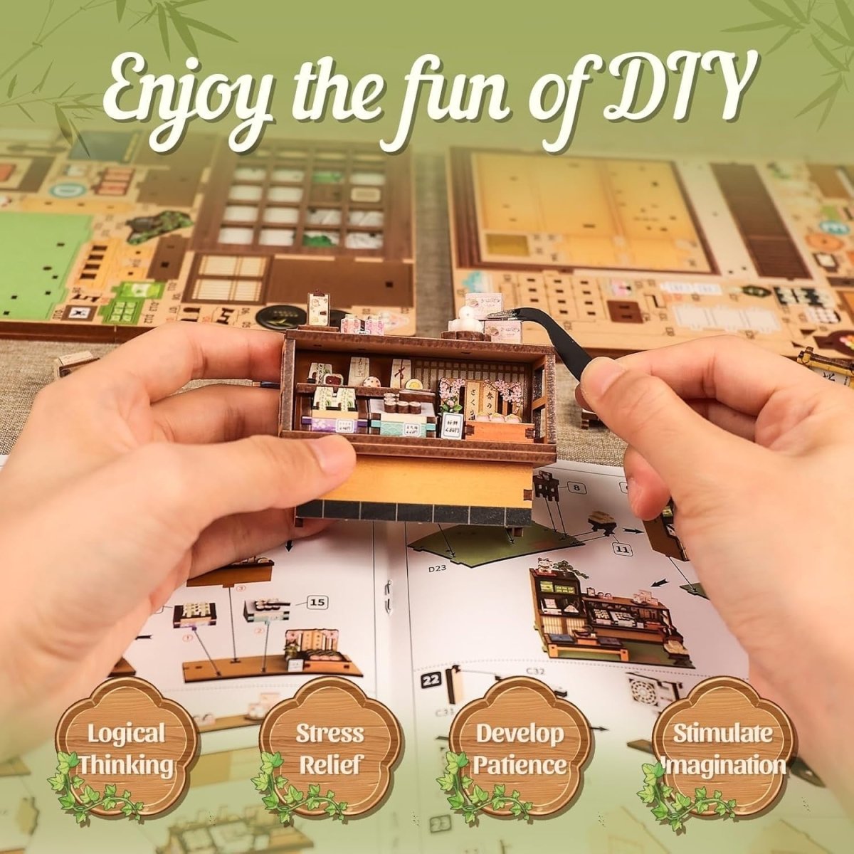 DIY Book Nook Japanese Sweet Shop Miniature Dollhouse LED Bookshelf - Kwikley
