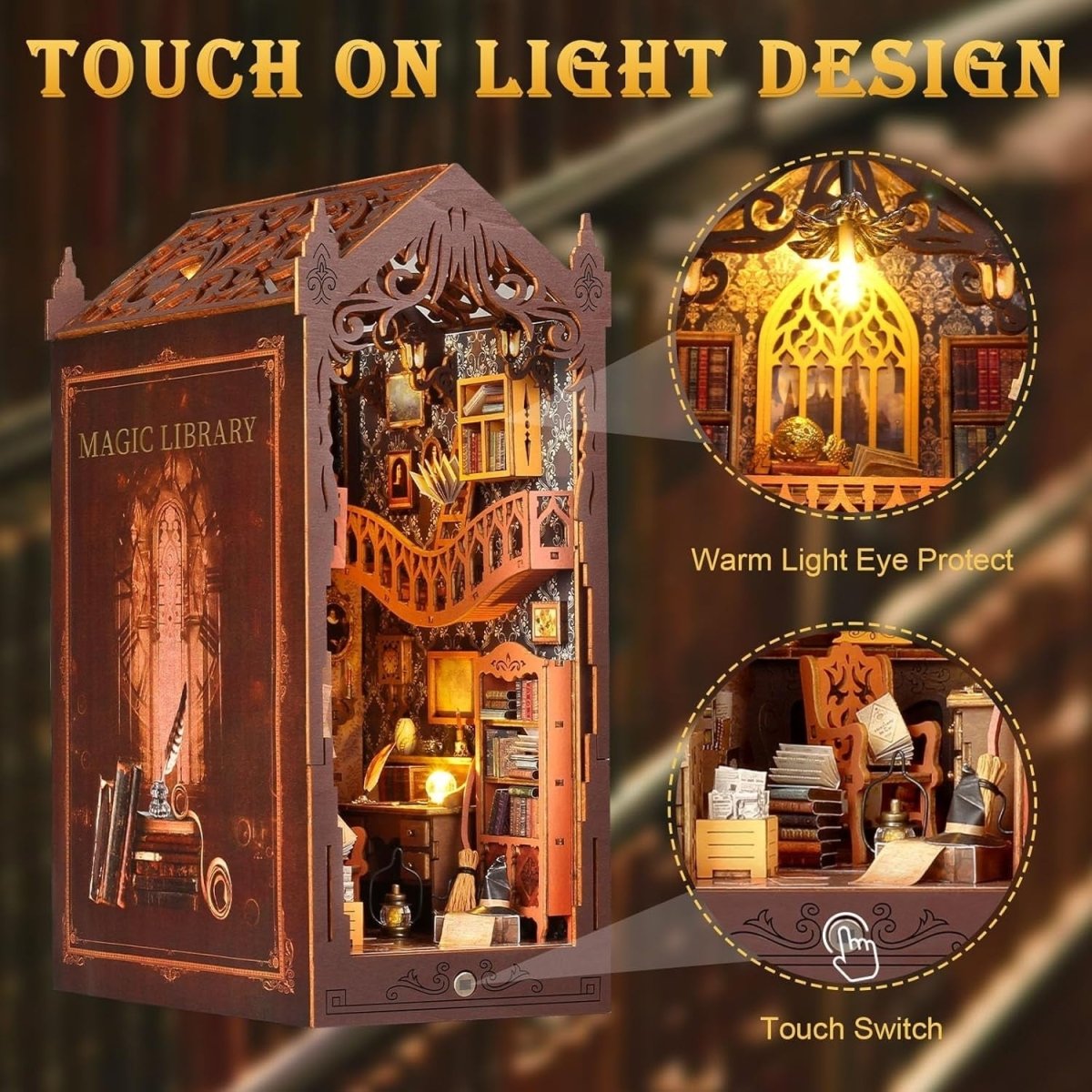 DIY Book Nook Kit Magic Library Miniature House LED Wooden Puzzle Decor - Kwikley