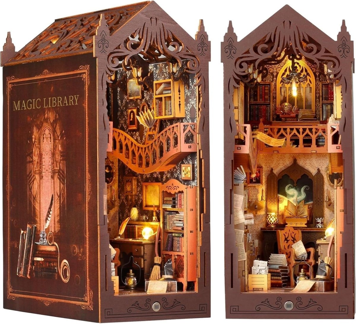 DIY Book Nook Kit Magic Library Miniature House LED Wooden Puzzle Decor - Kwikley