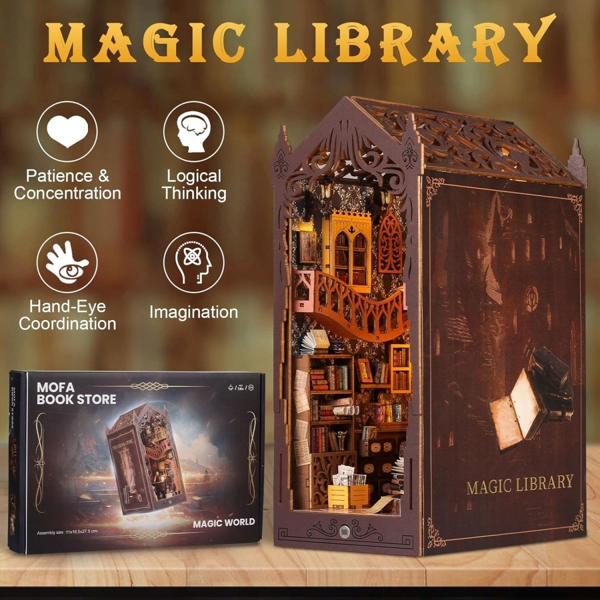 DIY Book Nook Kit Magic Library Miniature House LED Wooden Puzzle Decor - Kwikley