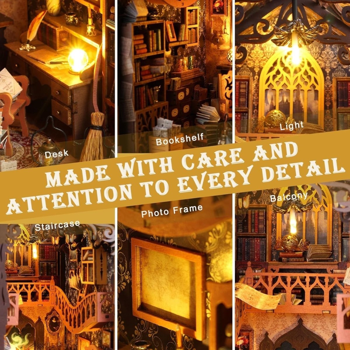 DIY Book Nook Kit Magic Library Miniature House LED Wooden Puzzle Decor - Kwikley