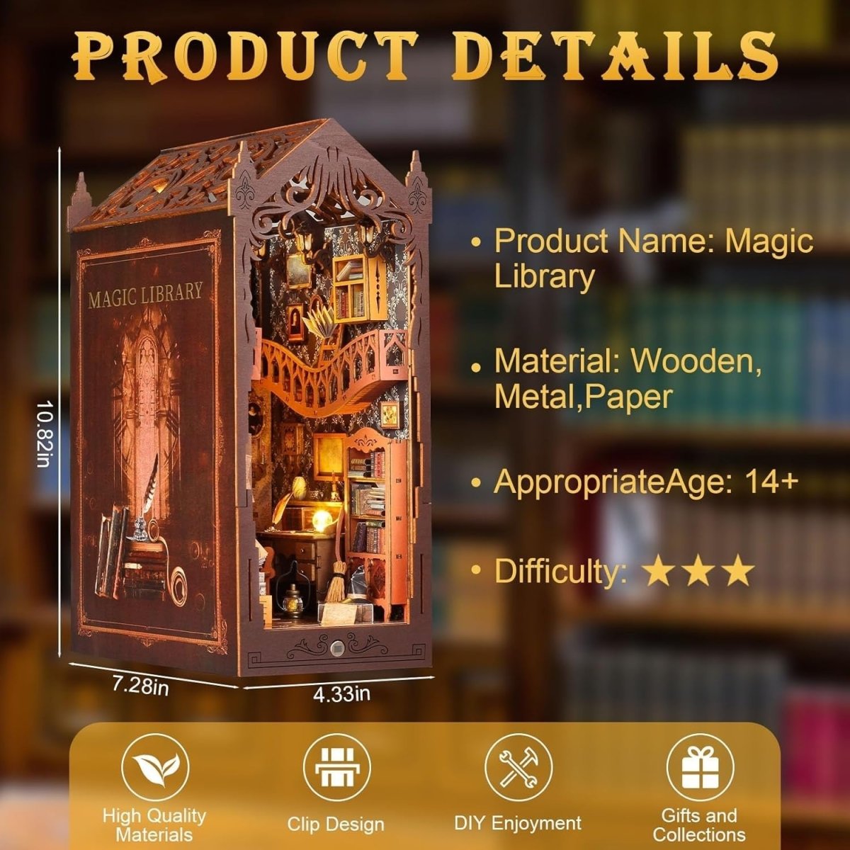 DIY Book Nook Kit Magic Library Miniature House LED Wooden Puzzle Decor - Kwikley