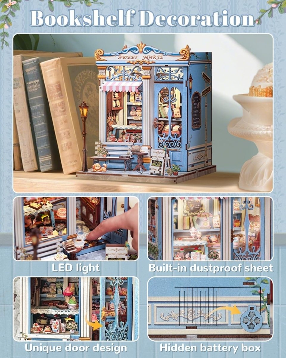 DIY Book Nook Kit Miniature Bakery Dollhouse LED Bookend Decor Gift - Kwikley