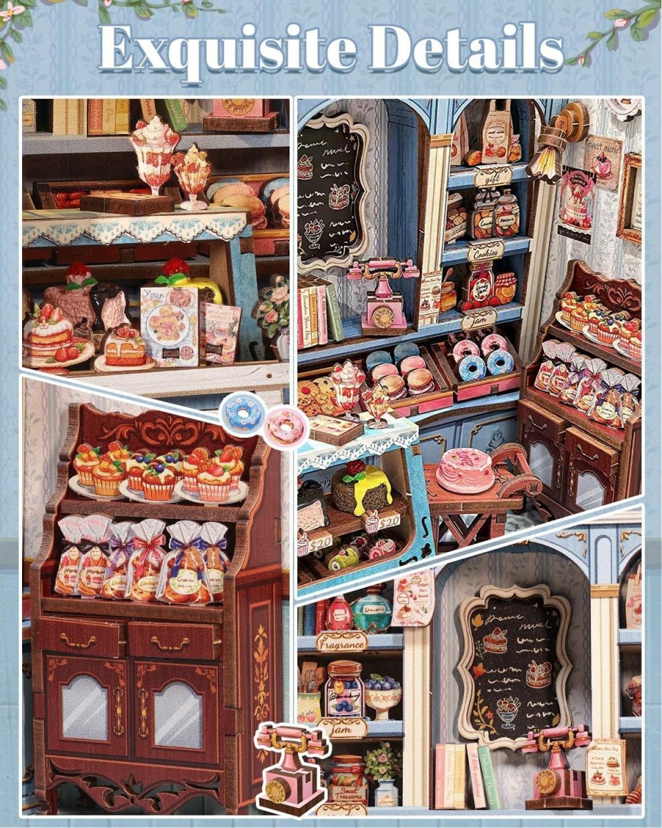 DIY Book Nook Kit Miniature Bakery Dollhouse LED Bookend Decor Gift - Kwikley