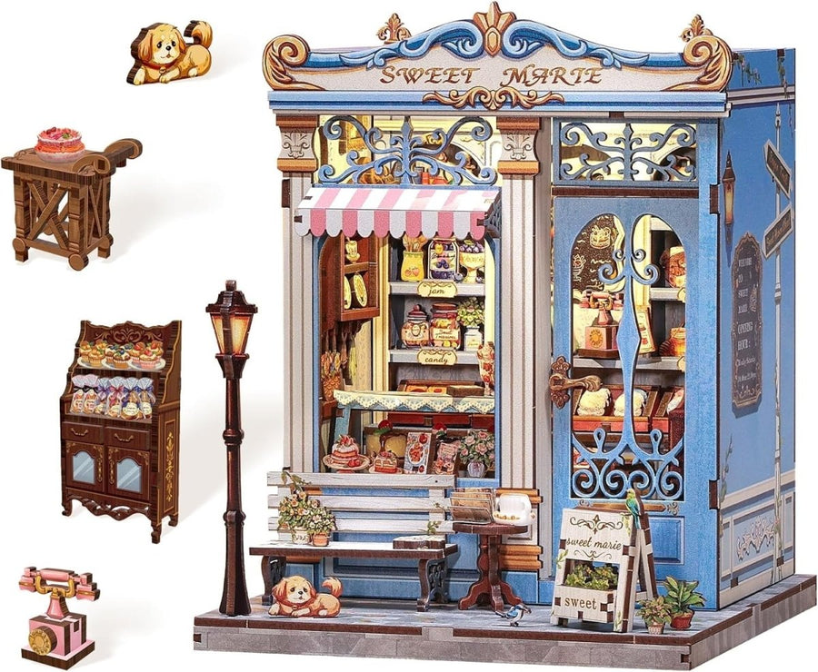 DIY Book Nook Kit Miniature Bakery Dollhouse LED Bookend Decor Gift - Kwikley