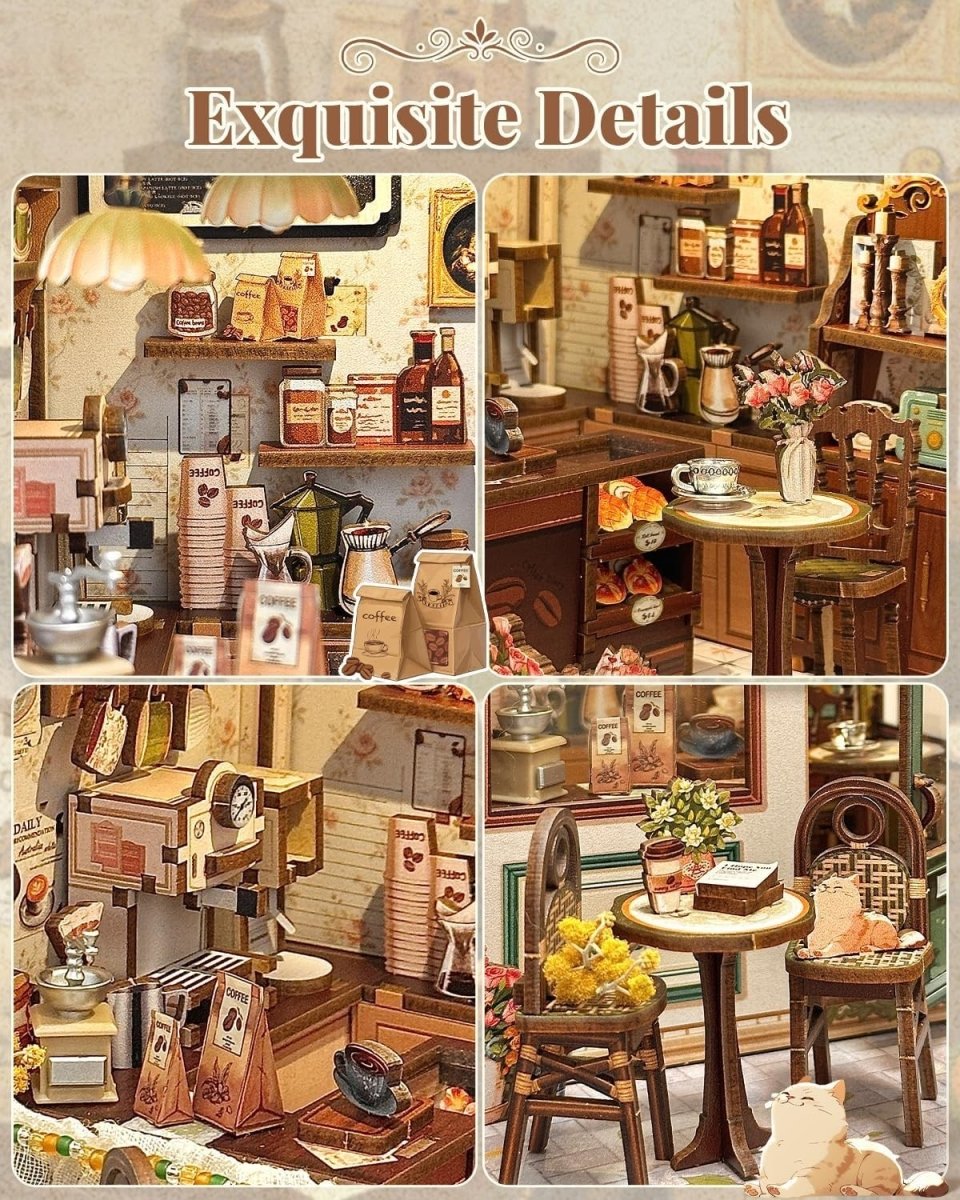 DIY Book Nook Kit Miniature Cafe Dollhouse LED Bookshelf Decor Puzzle - Kwikley