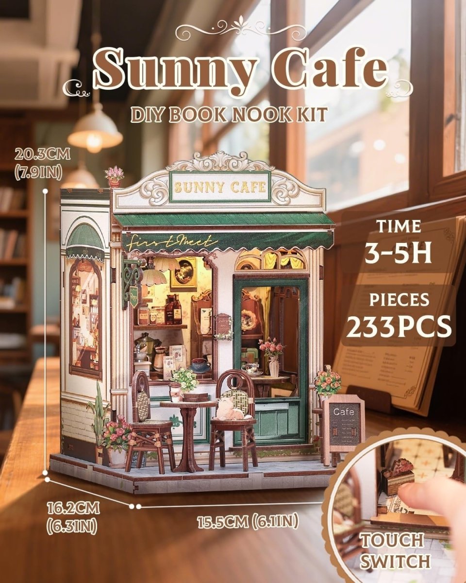DIY Book Nook Kit Miniature Cafe Dollhouse LED Bookshelf Decor Puzzle - Kwikley