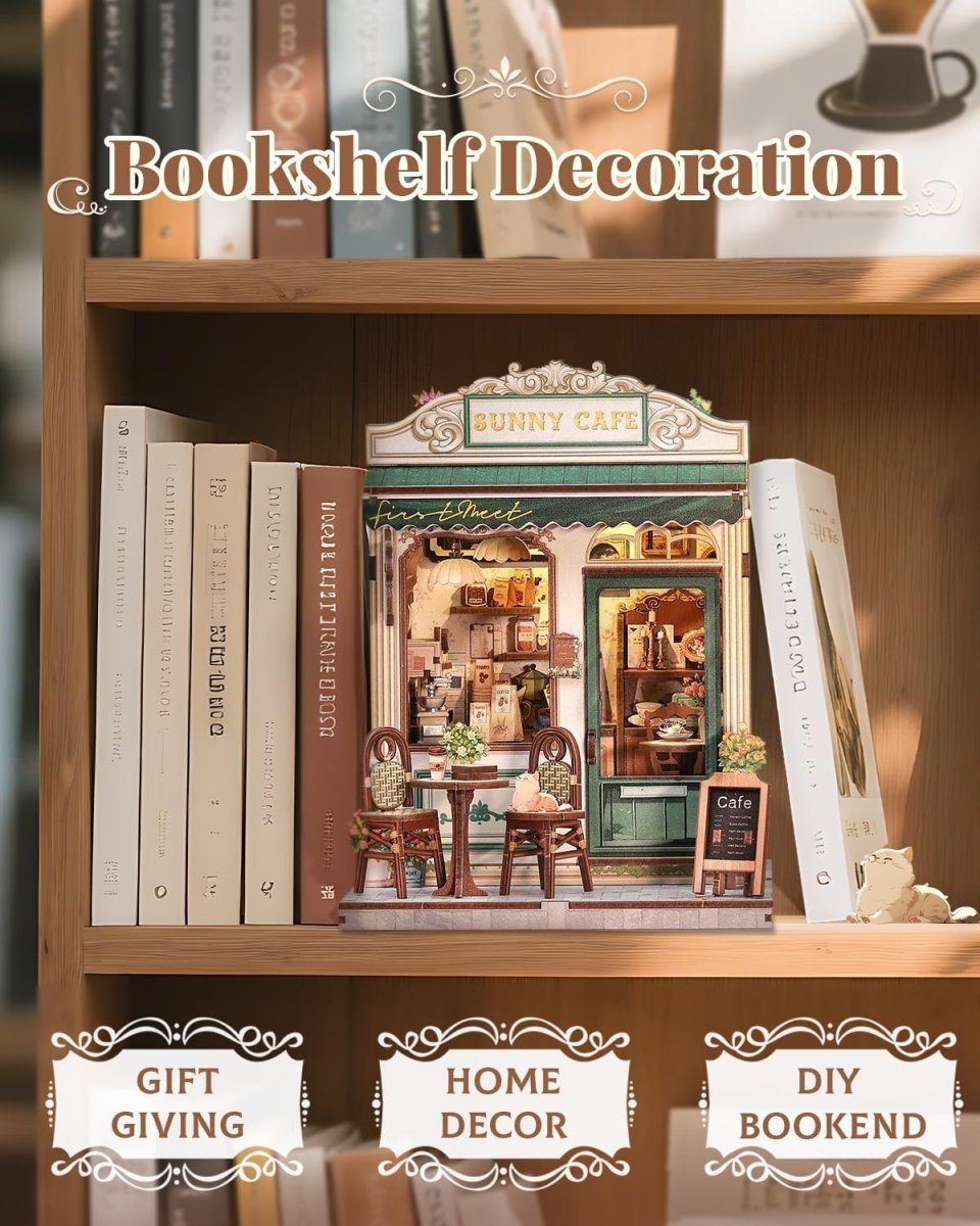 DIY Book Nook Kit Miniature Cafe Dollhouse LED Bookshelf Decor Puzzle - Kwikley