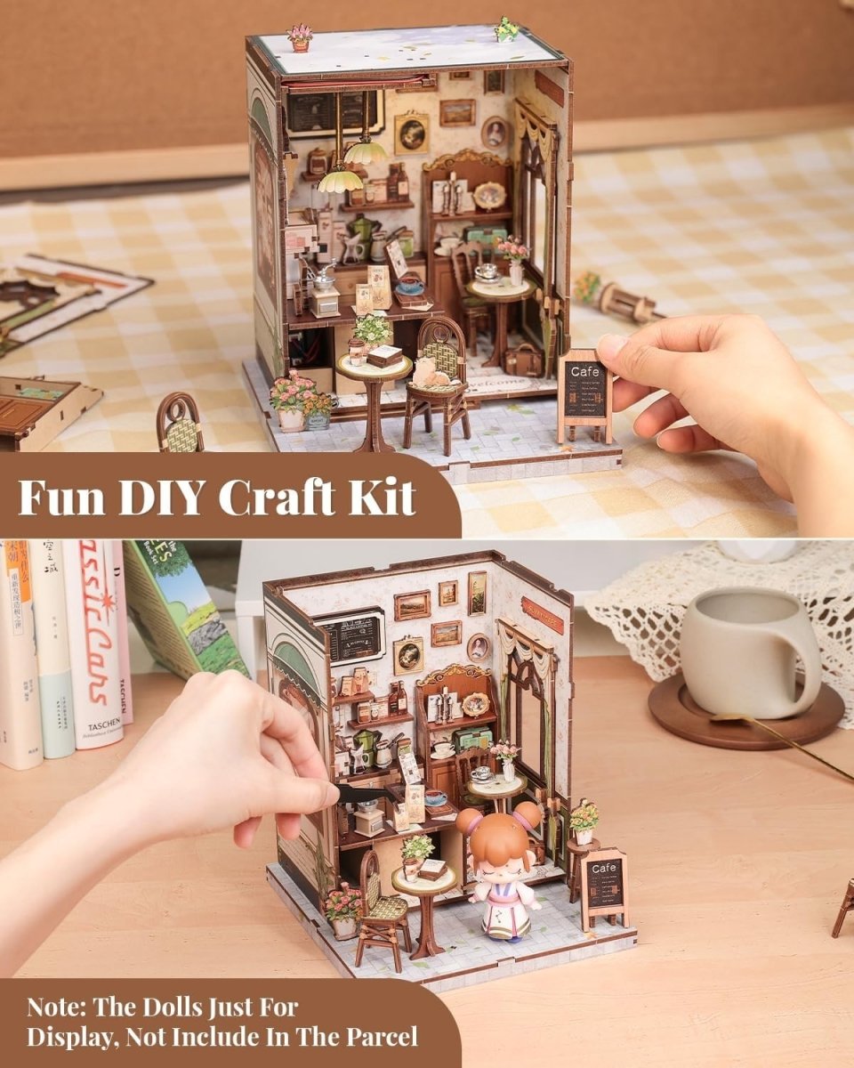 DIY Book Nook Kit Miniature Cafe Dollhouse LED Bookshelf Decor Puzzle - Kwikley