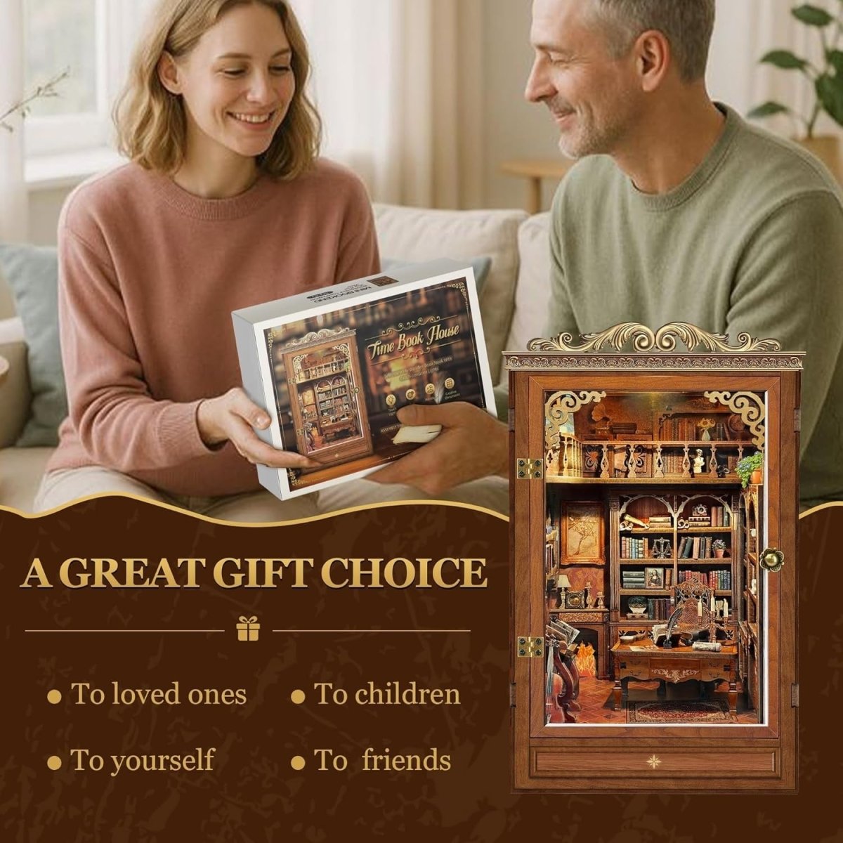 DIY Book Nook Kit Miniature Dollhouse Bookshelf Insert LED Wooden Puzzle - Kwikley