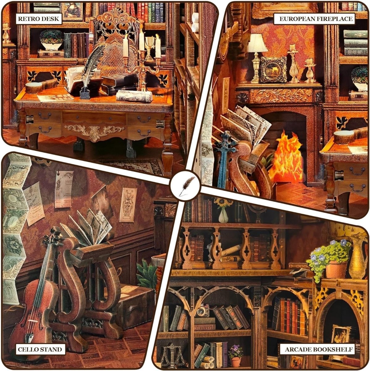 DIY Book Nook Kit Miniature Dollhouse Bookshelf Insert LED Wooden Puzzle - Kwikley