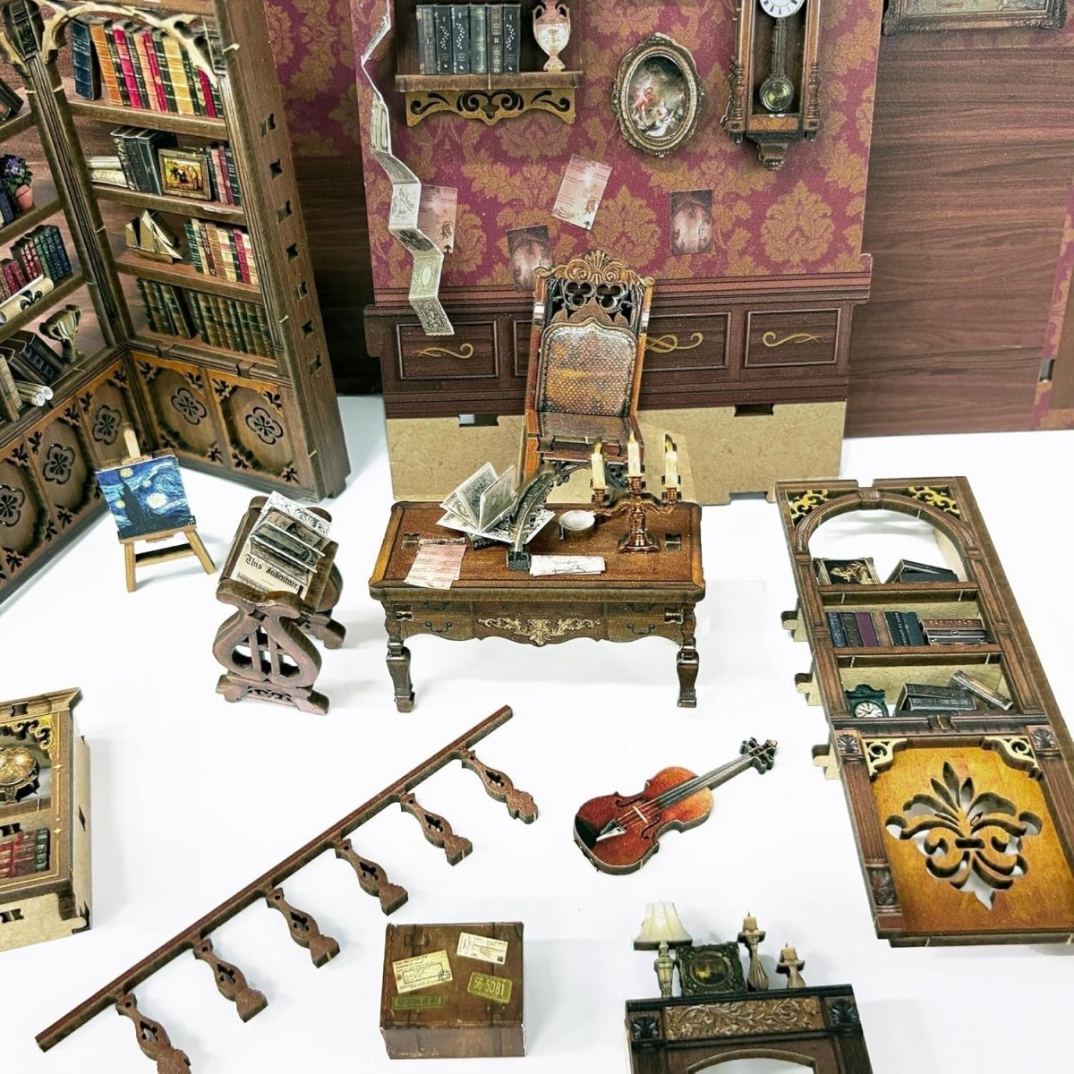 DIY Book Nook Kit Miniature Dollhouse Bookshelf Insert LED Wooden Puzzle - Kwikley