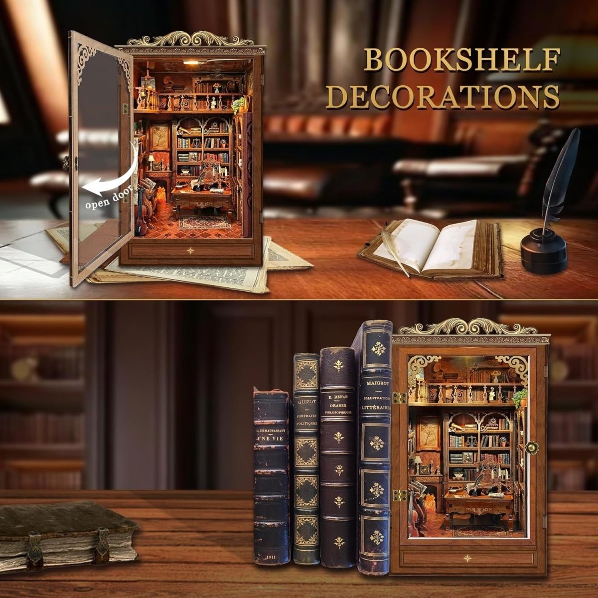 DIY Book Nook Kit Miniature Dollhouse Bookshelf Insert LED Wooden Puzzle - Kwikley