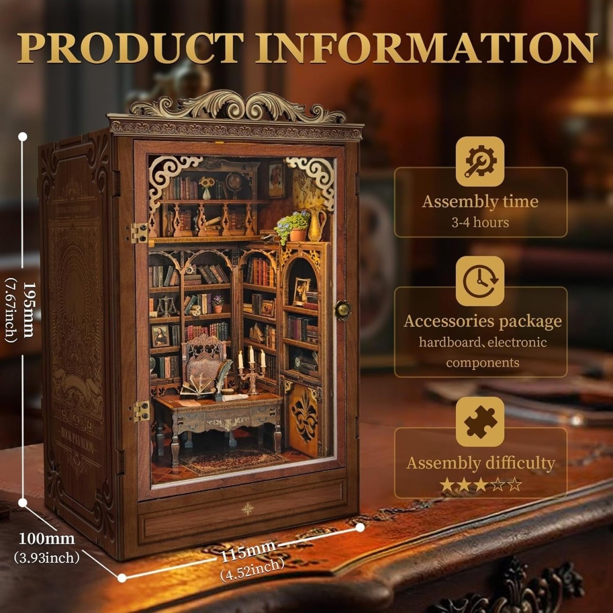 DIY Book Nook Kit Miniature Dollhouse Bookshelf Insert LED Wooden Puzzle - Kwikley