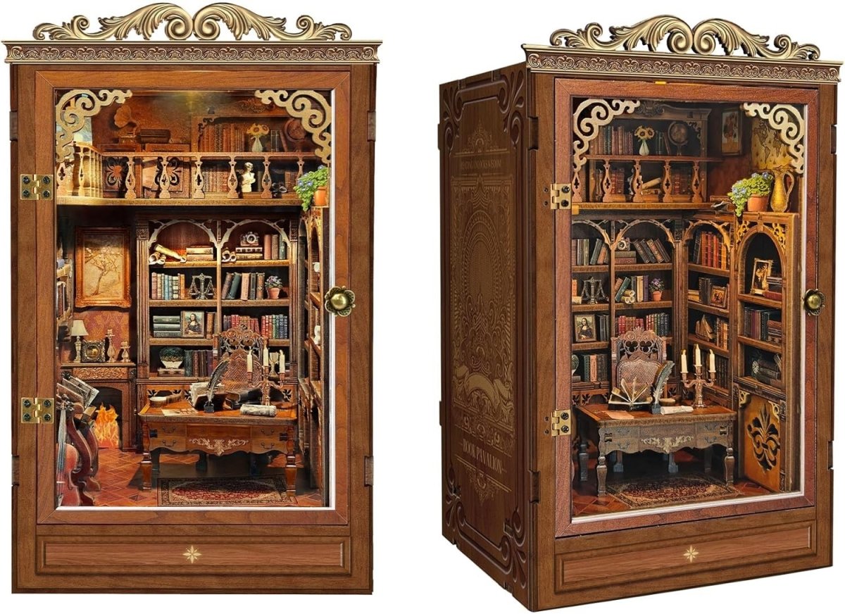 DIY Book Nook Kit Miniature Dollhouse Bookshelf Insert LED Wooden Puzzle - Kwikley