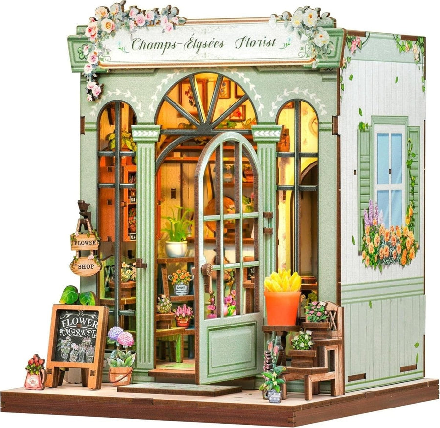 DIY Book Nook Kit Miniature Flower Shop Dollhouse Bookshelf Decor - Kwikley