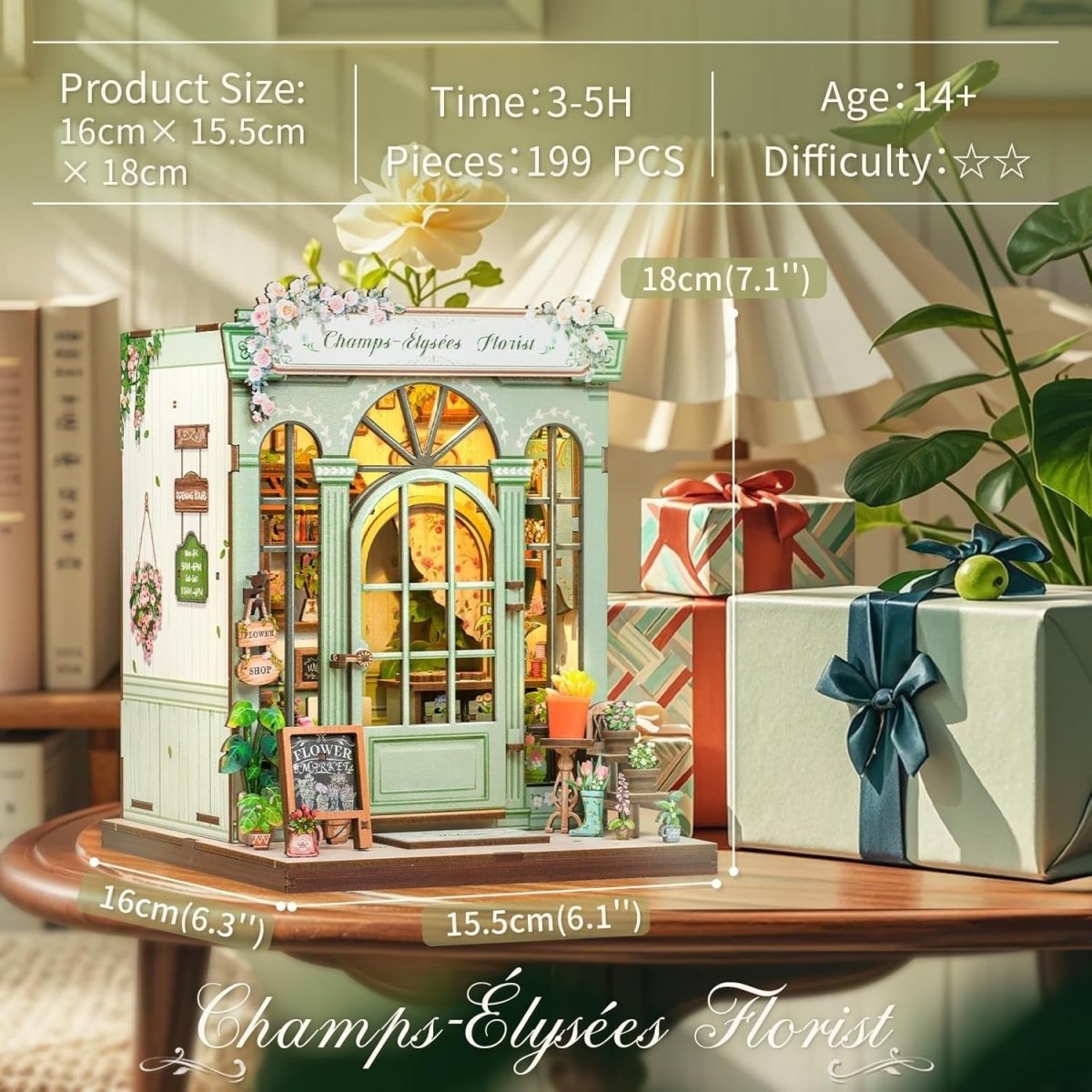 DIY Book Nook Kit Miniature Flower Shop Dollhouse Bookshelf Decor - Kwikley