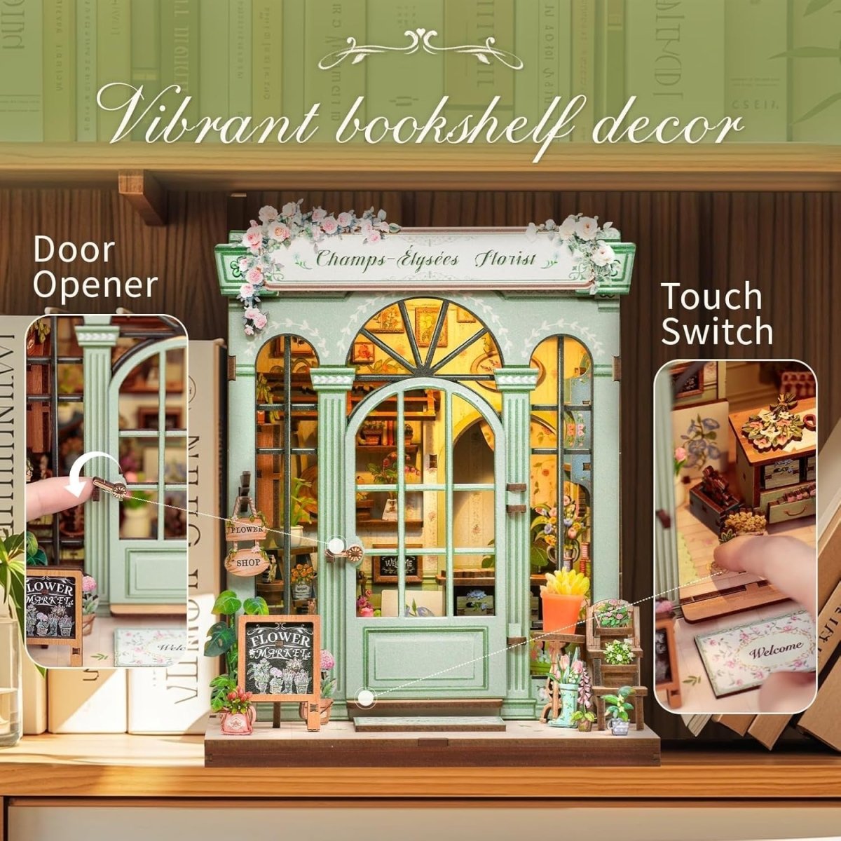 DIY Book Nook Kit Miniature Flower Shop Dollhouse Bookshelf Decor - Kwikley