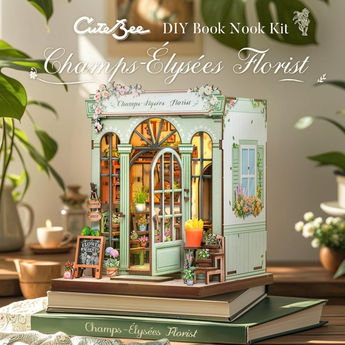 DIY Book Nook Kit Miniature Flower Shop Dollhouse Bookshelf Decor - Kwikley
