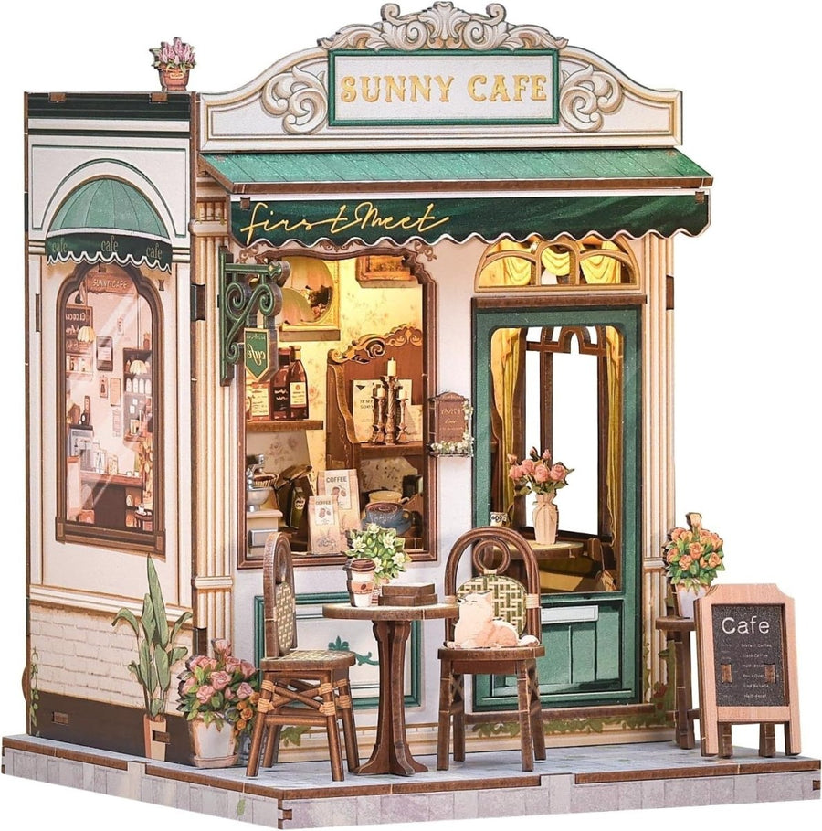 DIY Book Nook Kit Sunny Cafe Miniature House LED Wooden Bookend Decor - Kwikley