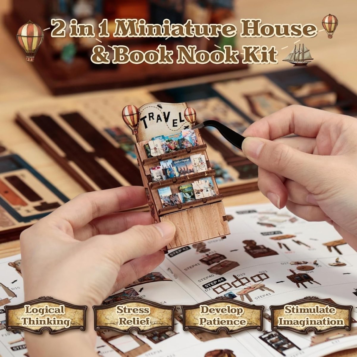 DIY Book Nook Kit Travel Bookshop Miniature Bookshelf Decor Puzzle - Kwikley