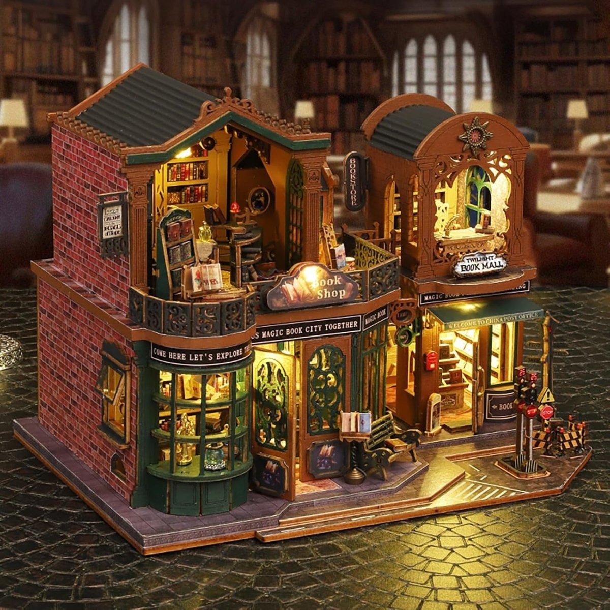 DIY Book Nook Kit Twilight Bookstore Miniature Dollhouse LED Bookend - Kwikley