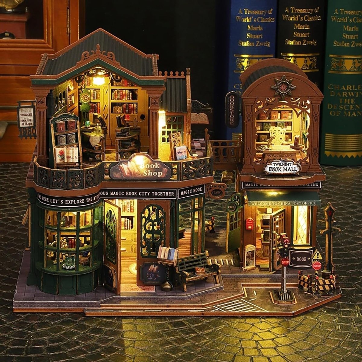 DIY Book Nook Kit Twilight Bookstore Miniature Dollhouse LED Bookend - Kwikley