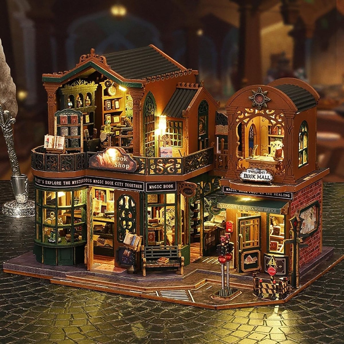 DIY Book Nook Kit Twilight Bookstore Miniature Dollhouse LED Bookend - Kwikley