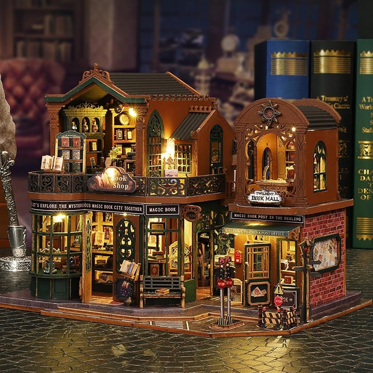 DIY Book Nook Kit Twilight Bookstore Miniature Dollhouse LED Bookend - Kwikley