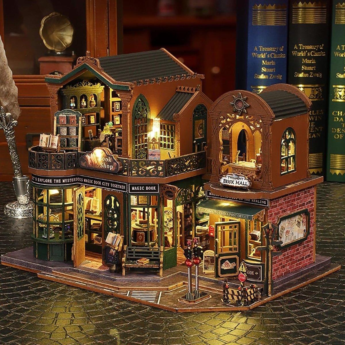 DIY Book Nook Kit Twilight Bookstore Miniature Dollhouse LED Bookend - Kwikley