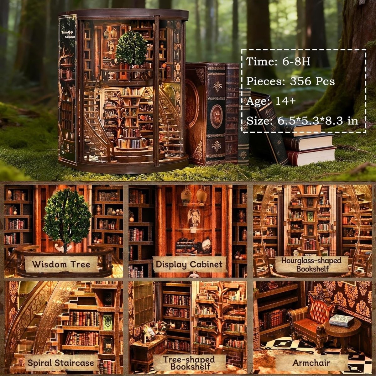 DIY Book Nook Library Kit LED Miniature Bookshelf Decor 3D Puzzle - Kwikley