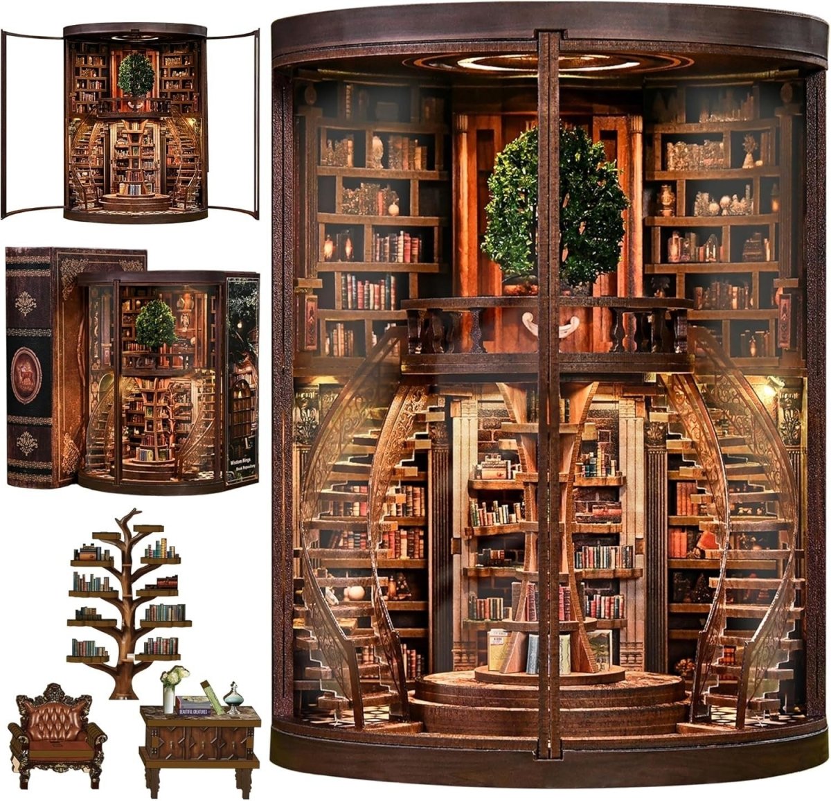 DIY Book Nook Library Kit LED Miniature Bookshelf Decor 3D Puzzle - Kwikley