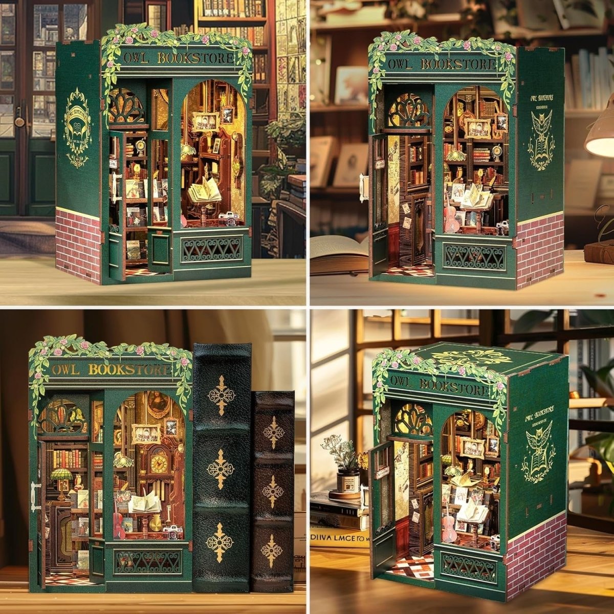 DIY Book Nook Miniature Bookshop Kit LED Bookshelf Diorama Puzzle - Kwikley