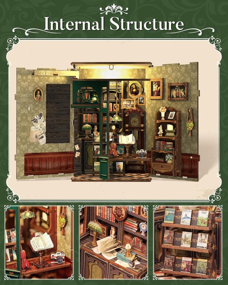 DIY Book Nook Miniature Bookshop Kit LED Bookshelf Diorama Puzzle - Kwikley